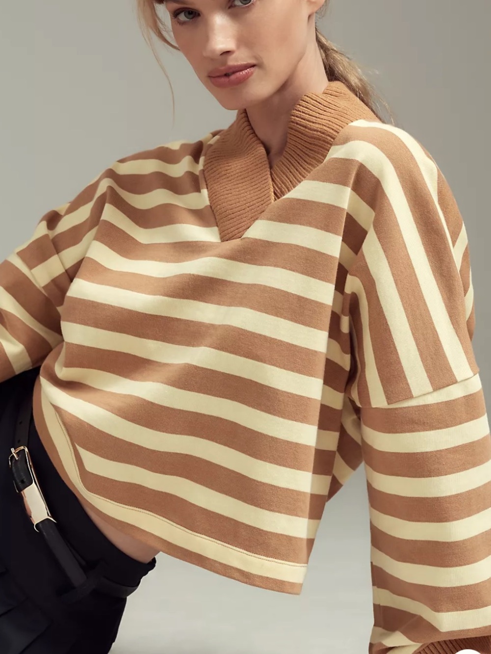 Anthropologie Maeve Cotton Boxy Oversized V-Neck Top Striped s